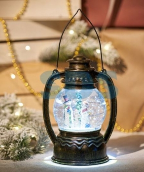 Декоративный фонарь с эффектом снегопада и подсветкой Снеговики, Белый