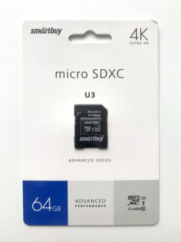 Карта памяти microSD Smartbuy Advanced Series 64GB Class10 UHS-I (U3) 90 МБ/сек V30 A1 с адаптером